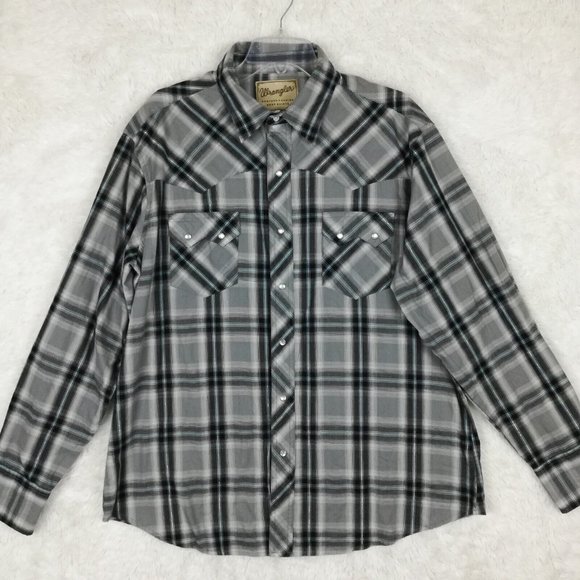Wranglers Mens Shirt Western Plaid Pearl Snap Gray Long Sleeve Pockets XL - Picture 1 of 11